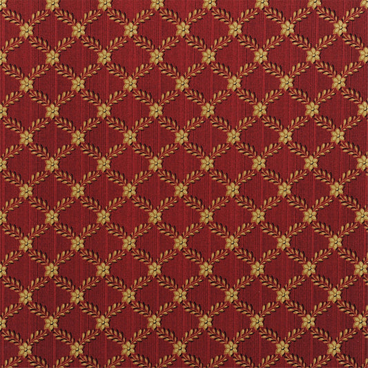 Regal Ruby Red & Gold Damask Fabric - Jacquard Diamond Floral Upholstery