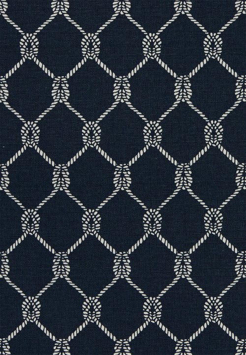 Nautical Rope Knot Print Fabric - Navy Blue and White Diamond Trellis Design