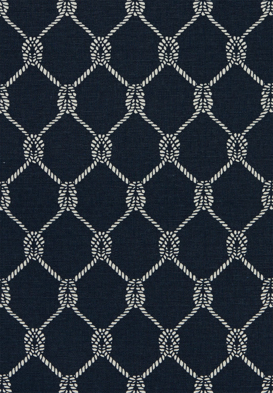 Nautical Rope Knot Print Fabric - Navy Blue and White Diamond Trellis Design