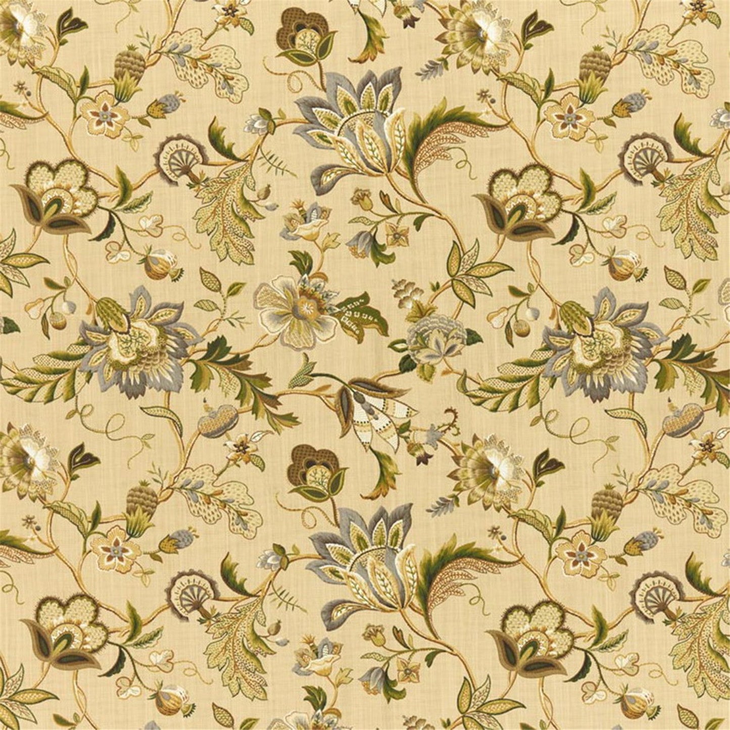 Elegant Jacobean Floral Fabric in Gold and Sage | Traditional Upholstery & Drapery
