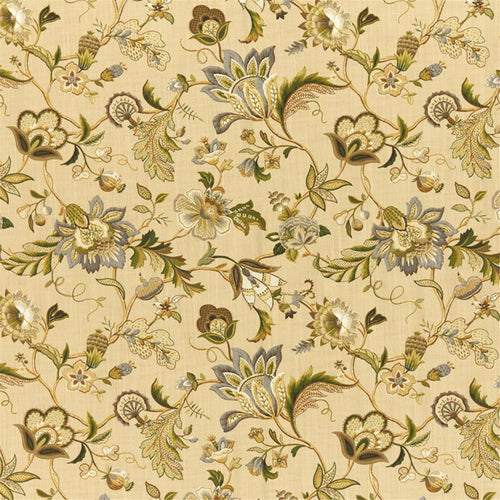 Elegant Jacobean Floral Fabric in Gold and Sage | Traditional Upholstery & Drapery