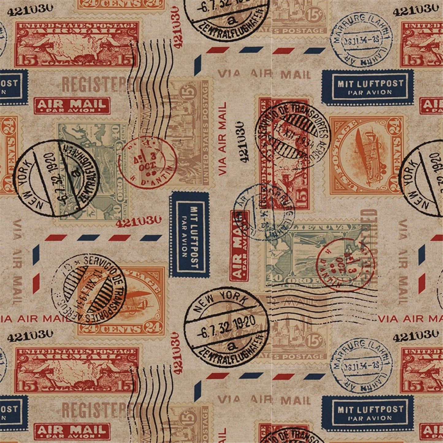 Vintage Air Mail Stamp Fabric - Retro Postal & Travel Print Cotton/Canvas