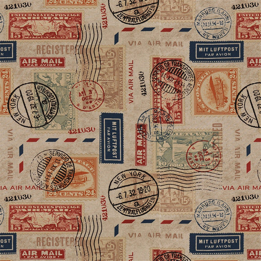 Vintage Air Mail Stamp Fabric - Retro Postal & Travel Print Cotton/Canvas