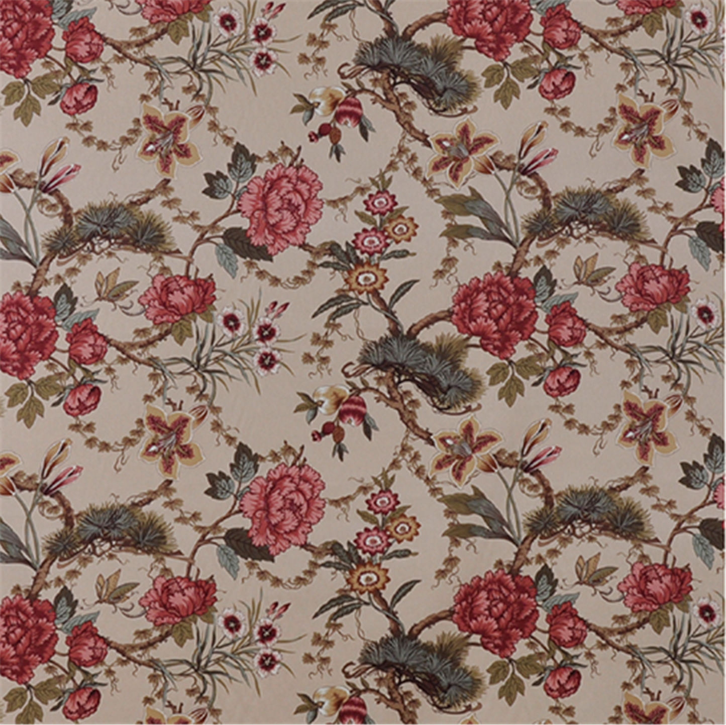 Classic Chinoiserie Floral Fabric - Peony & Pine Toile in Dusty Rose & Sage on Natural Linen-Look Background