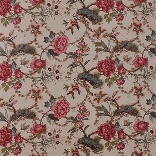 Classic Chinoiserie Floral Fabric - Peony & Pine Toile in Dusty Rose & Sage on Natural Linen-Look Background