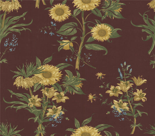 Victorian Botanical Floral Fabric - Sunflowers & Lilies on Deep Burgundy