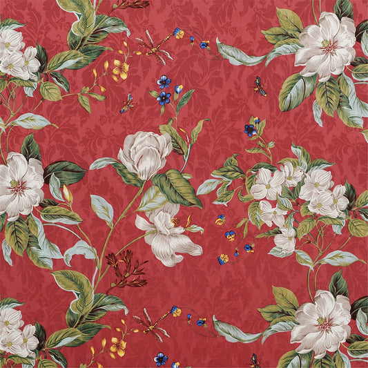 Regal Red Tropical Floral & Dragonfly Brocade Fabric