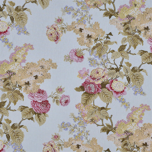 Vintage English Garden Floral Fabric - Romantic Rose & Hydrangea Print on Light Blue/Grey