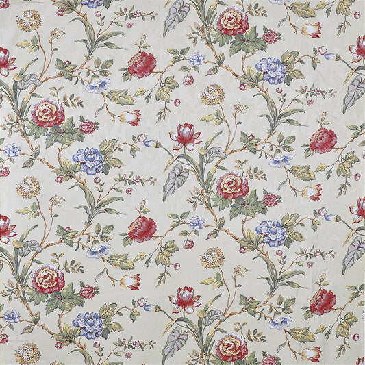 Vintage Chinoiserie Floral Fabric - Cream & Multi-Color Botanical Upholstery