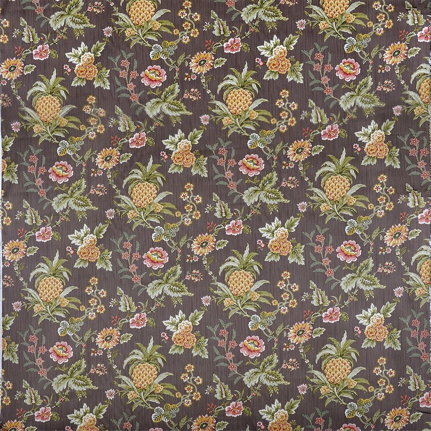 Regal Pineapple & Floral Jacquard Fabric - Deep Brown Traditional Upholstery Material