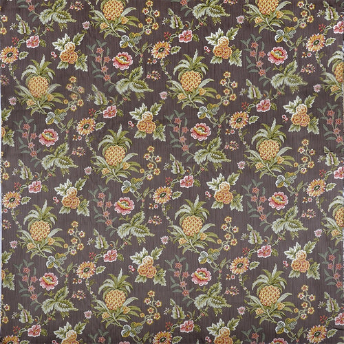 Regal Pineapple & Floral Jacquard Fabric - Deep Brown Traditional Upholstery Material