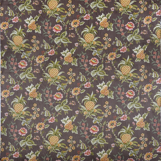 Regal Pineapple & Floral Jacquard Fabric - Deep Brown Traditional Upholstery Material
