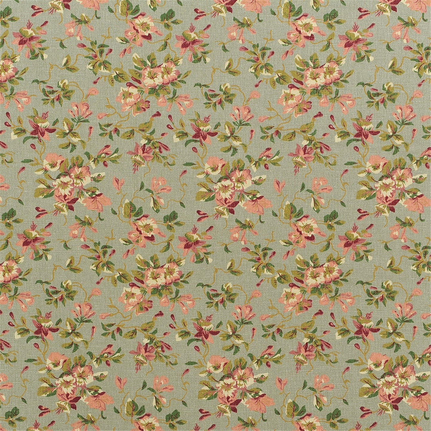 Vintage Rosebud Floral Fabric - Dusty Sage Green Cotton Linen Blend - Shabby Chic Upholstery & Craft Material