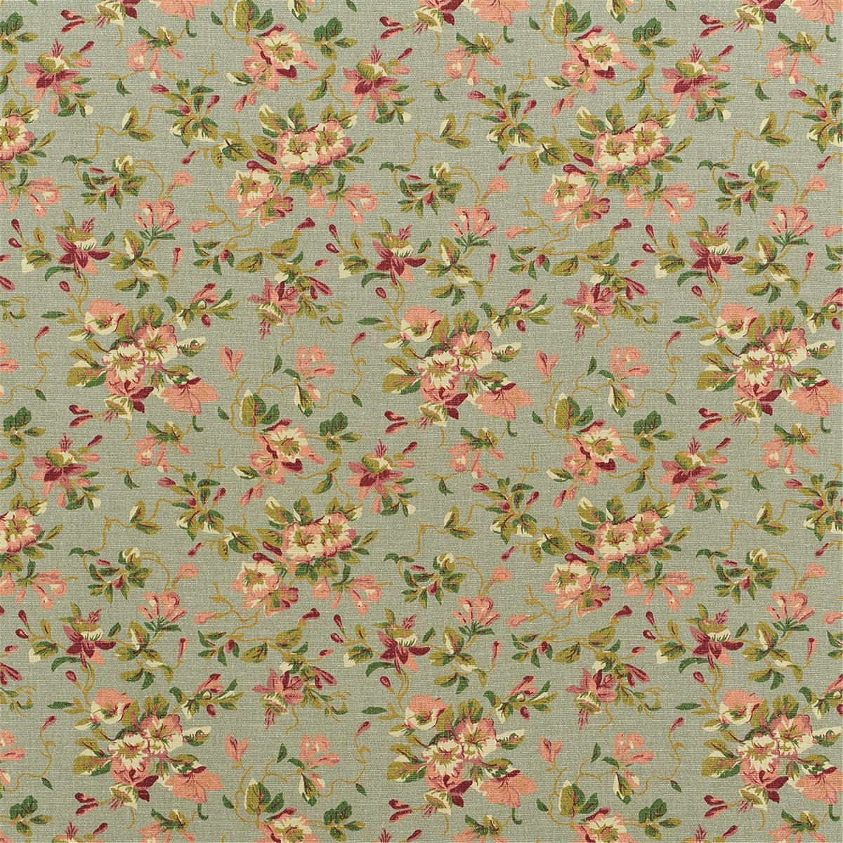 Vintage Rosebud Floral Fabric - Dusty Sage Green Cotton Linen Blend - Shabby Chic Upholstery & Craft Material