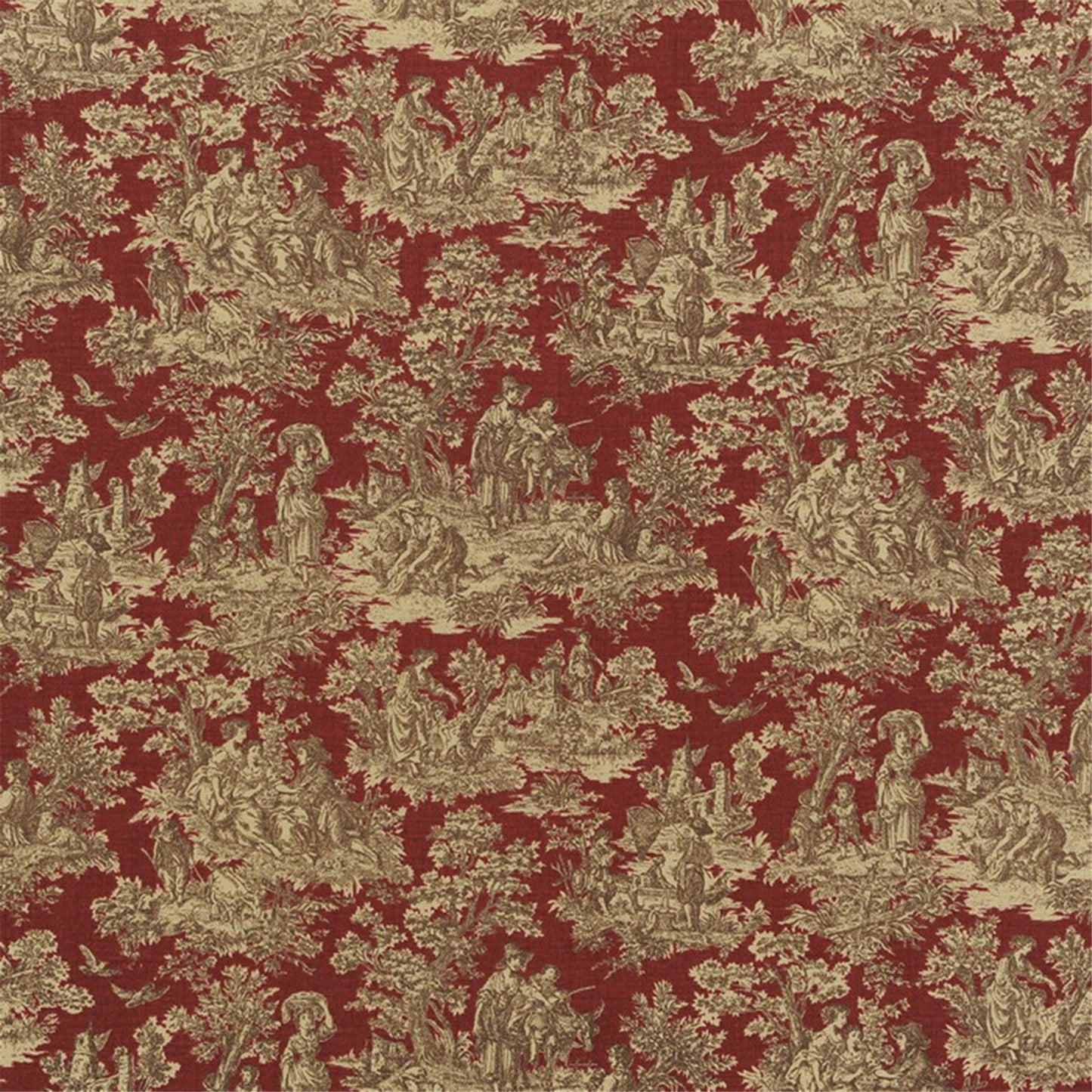 Classic & Detailed: Bordeaux Red and Beige Toile de Jouy Fabric - French Pastoral Scene Upholstery/Curtain Material
