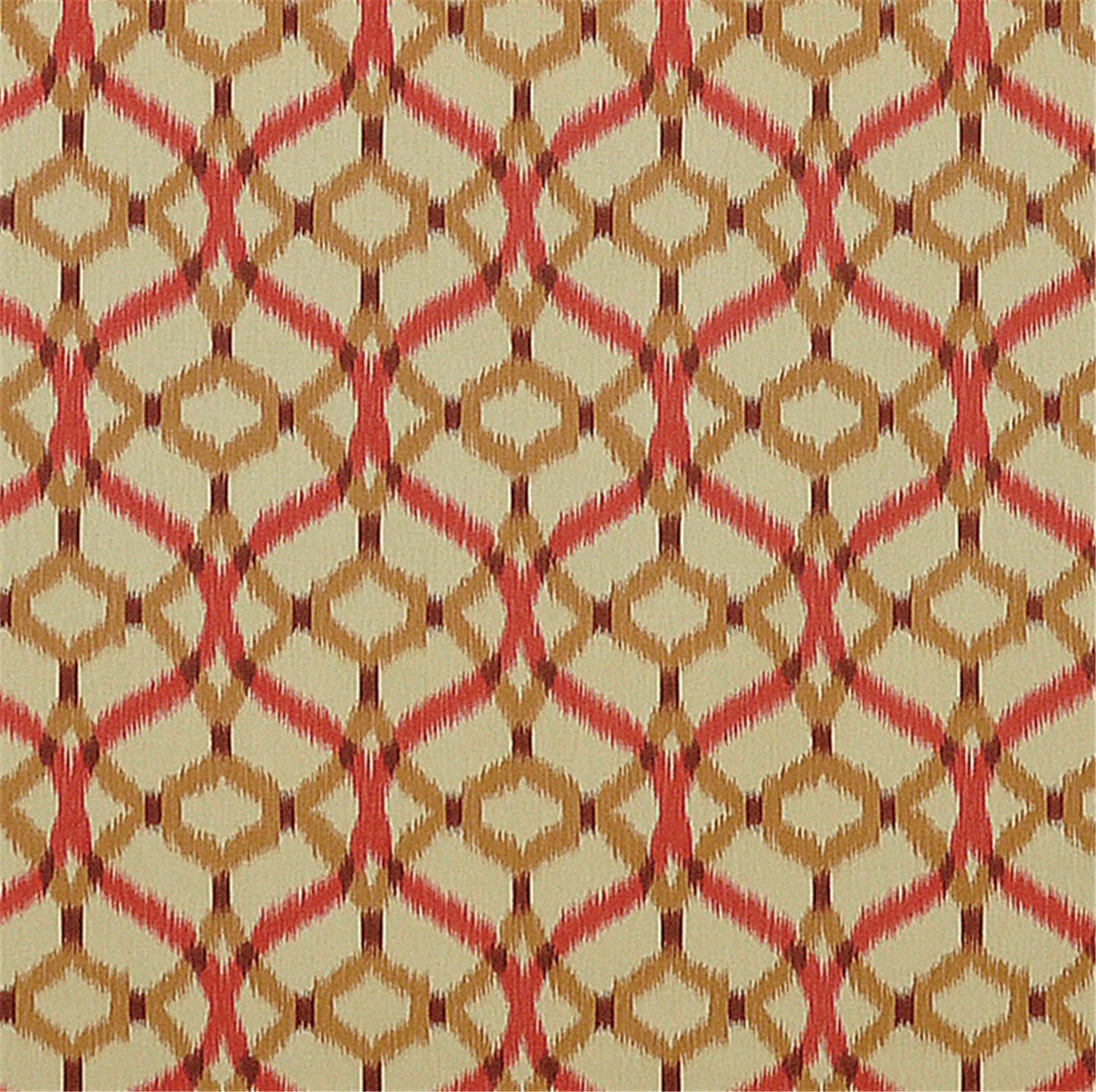 Ikat Ogee Trellis Fabric - Coral, Gold & Beige Upholstery / Drapery