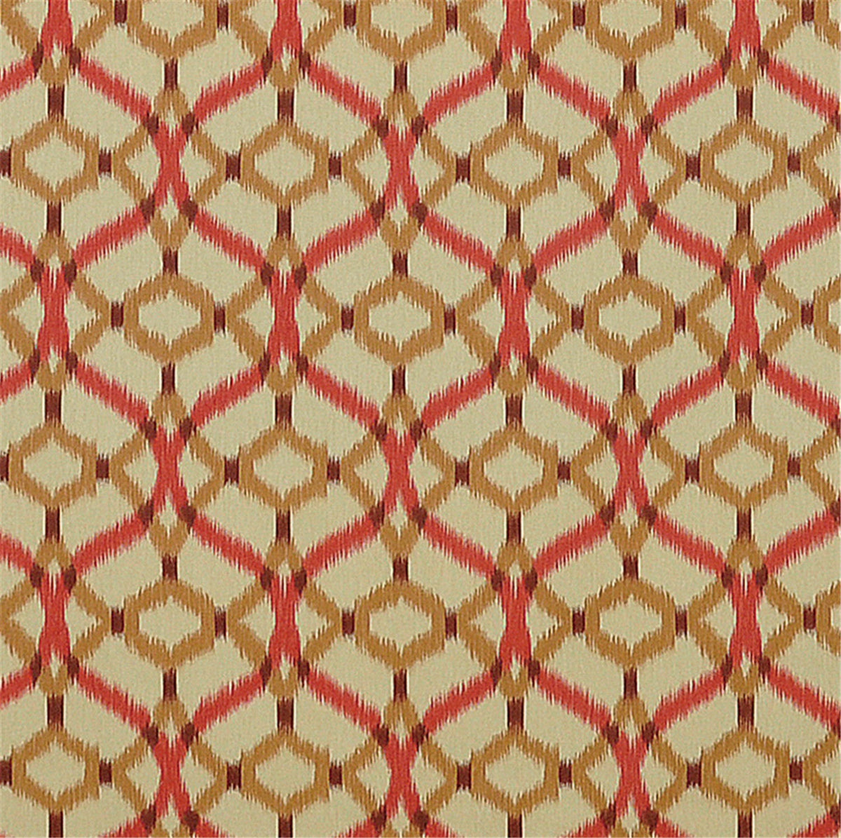 Ikat Ogee Trellis Fabric - Coral, Gold & Beige Upholstery / Drapery