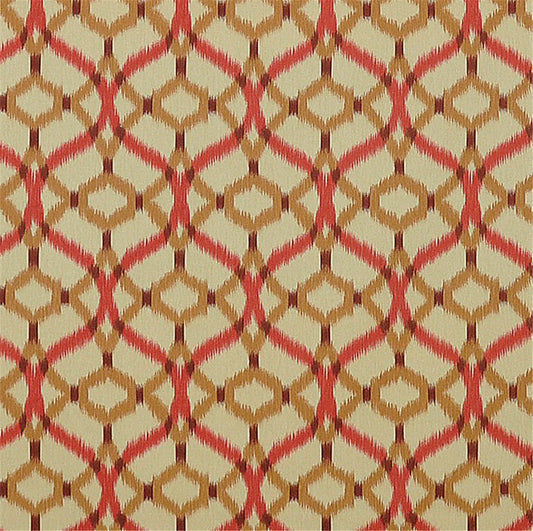 Ikat Ogee Trellis Fabric - Coral, Gold & Beige Upholstery / Drapery