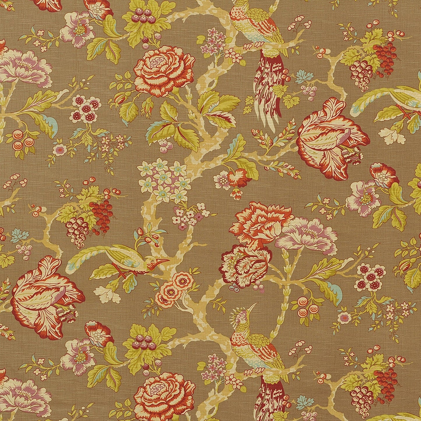 Opulent Chinoiserie Bird & Floral Fabric - Tan/Brown Multicolored Upholstery Material