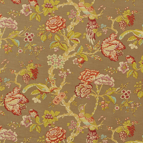 Opulent Chinoiserie Bird & Floral Fabric - Tan/Brown Multicolored Upholstery Material