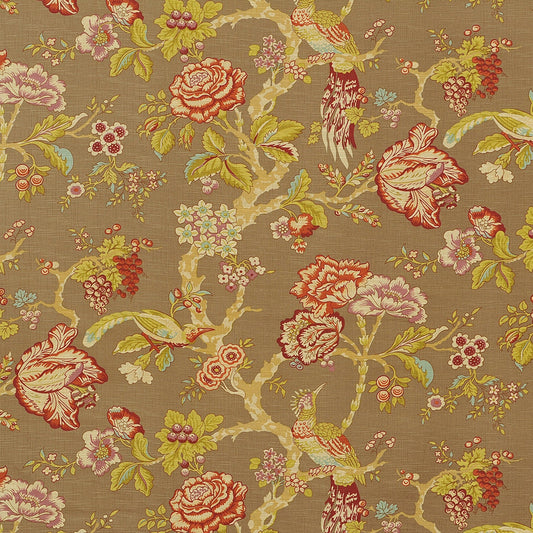 Opulent Chinoiserie Bird & Floral Fabric - Tan/Brown Multicolored Upholstery Material