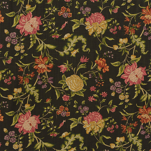 Luxury Dark Chinoiserie Floral Fabric - Vintage Jacobean Botanical Print on Black/Charcoal Base - Upholstery & Drapery Material
