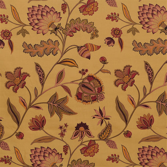 Mustard Gold Kalamkari Floral Fabric by the Yard | Rustic Red Indian Chintz Upholstery & Curtains