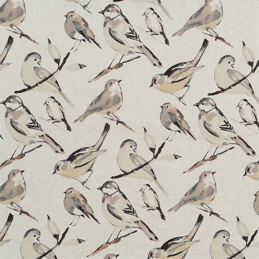 Classic Sketch Bird Linen Fabric - Neutral Beige & Taupe Upholstery/Curtain Material