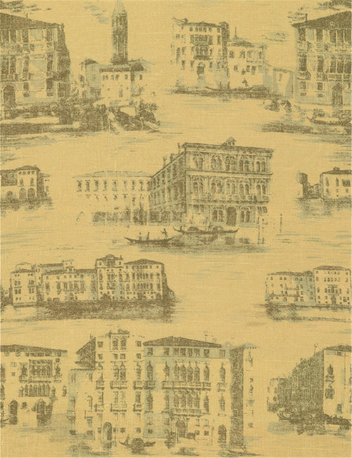 Venetian Grand Canal Sketch Fabric | Sepia & Blue Toile Upholstery / Drapery