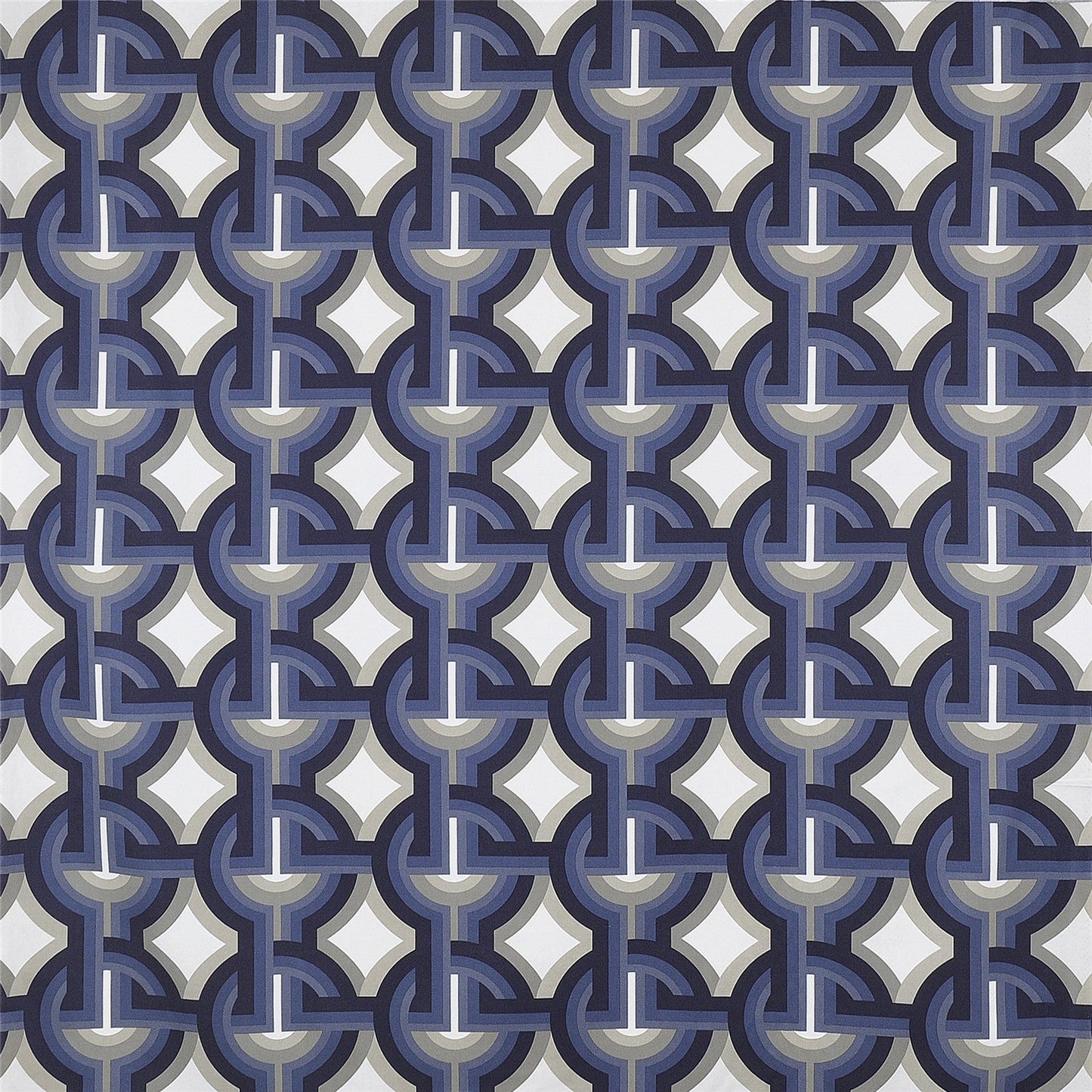 Geometric Chain Link Fabric in Navy & Gray — Mid-Century Modern Woven Pattern Upholstery / Drapery