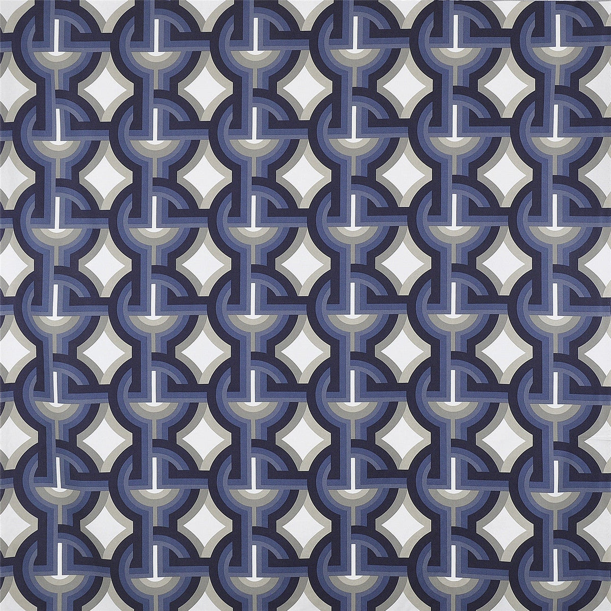 Geometric Chain Link Fabric in Navy & Gray — Mid-Century Modern Woven Pattern Upholstery / Drapery