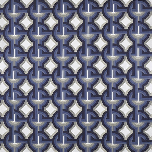 Geometric Chain Link Fabric in Navy & Gray — Mid-Century Modern Woven Pattern Upholstery / Drapery