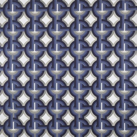Geometric Chain Link Fabric in Navy & Gray — Mid-Century Modern Woven Pattern Upholstery / Drapery