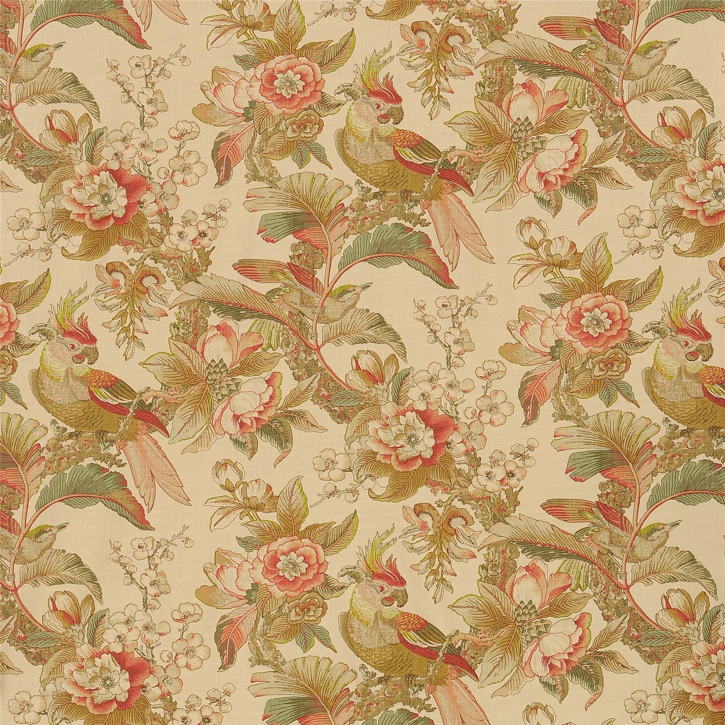Exotic Chinoiserie Toile Fabric - Parrots, Peonies, and Tropical Foliage - Vintage Botanical Print for Upholstery & Curtains
