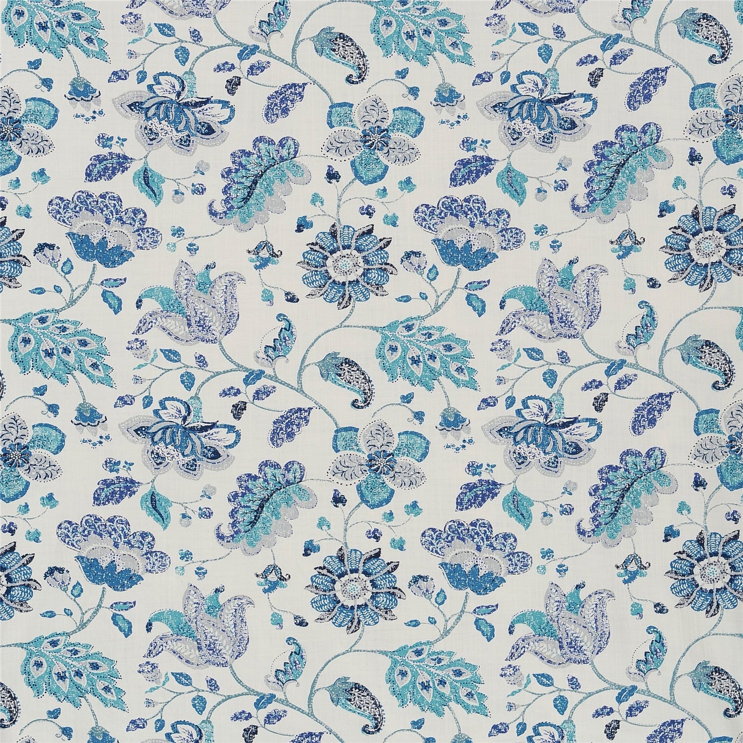Jacobean Floral Print Fabric in Coastal Blues and Aqua