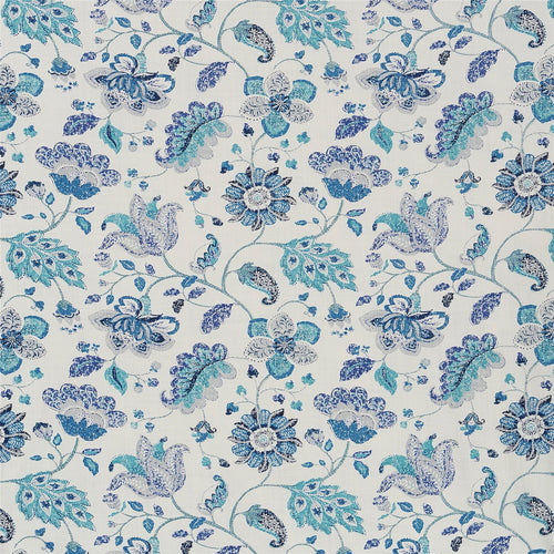 Jacobean Floral Print Fabric in Coastal Blues and Aqua