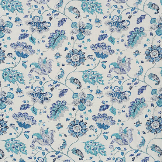 Jacobean Floral Print Fabric in Coastal Blues and Aqua