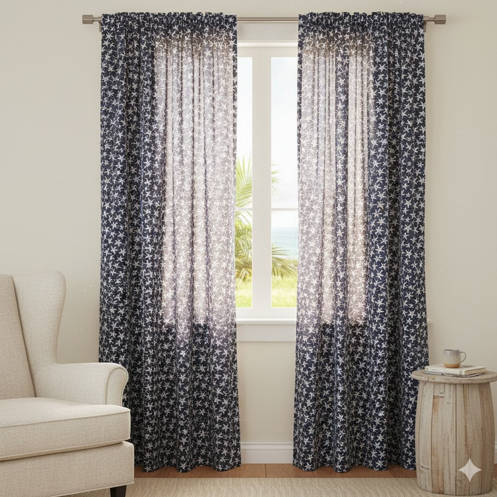 Coastal Starfish Print Window Curtains | Navy Blue Nautical Sheer Panels