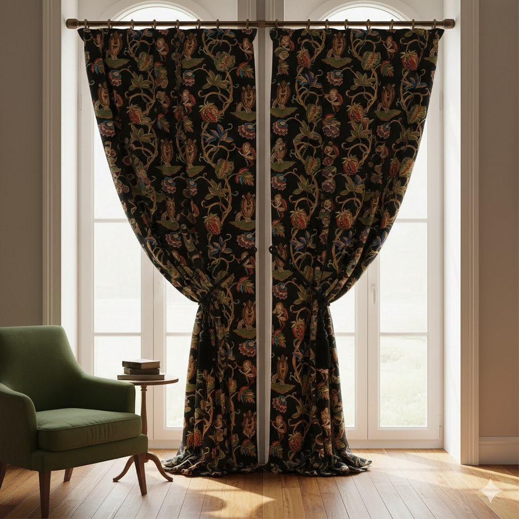 Maximalist Exotic Jungle Print Curtains | Black Toile Lion & Monkey Drapery