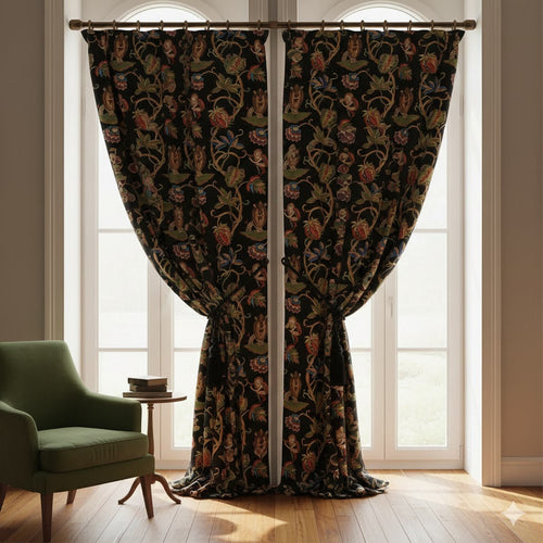 Maximalist Exotic Jungle Print Curtains | Black Toile Lion & Monkey Drapery