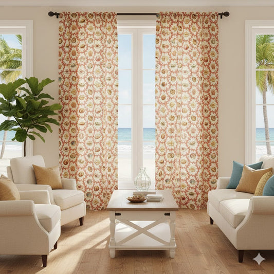 Coastal Elegance Seashell & Red Coral Print Room Darkening Curtains