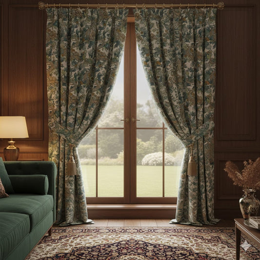 Custom-Made Oriental Dragon Toile Curtains - Arts & Crafts Botanical Print Window Drapes