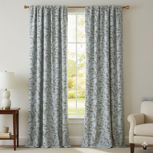 Chinoiserie Bird & Blossom Curtain Panels - Mist Blue & Sepia Floral Drapes