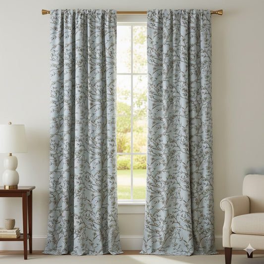 Chinoiserie Bird & Blossom Curtain Panels - Mist Blue & Sepia Floral Drapes