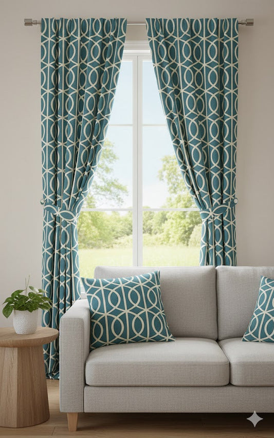 Teal Blue Geometric Ogee Grommet Curtain Panel - Modern Interlocking Pattern Drapery