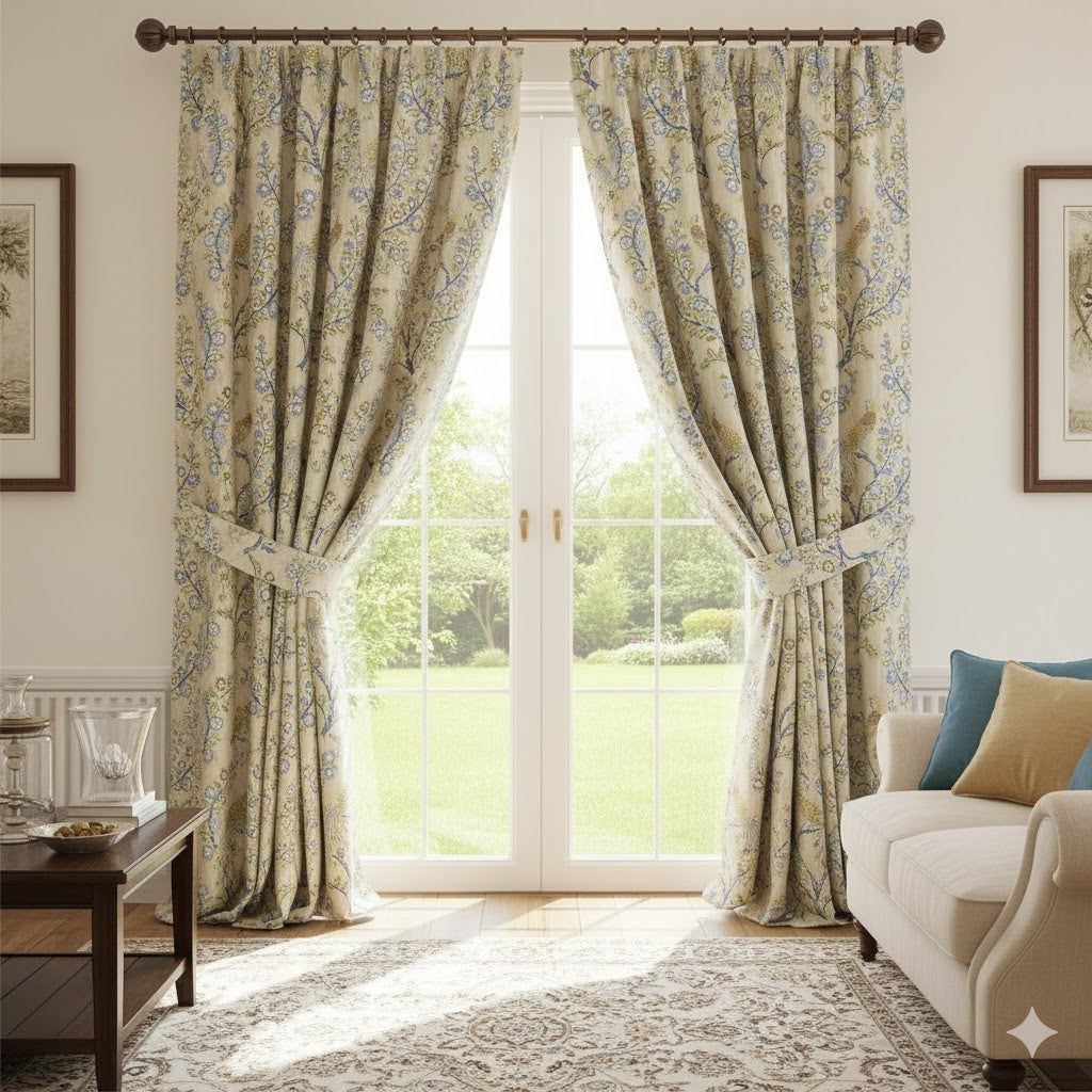 Chinoiserie Peacock & Floral Jacobean Print Drapes - Blue & Gold Window Curtains