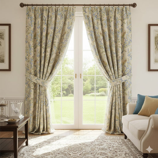 Chinoiserie Peacock & Floral Jacobean Print Drapes - Blue & Gold Window Curtains