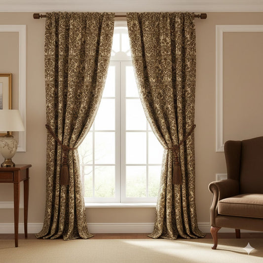 Luxury Brown & Beige Damask Blackout Curtains - Classic Baroque Window Drapes