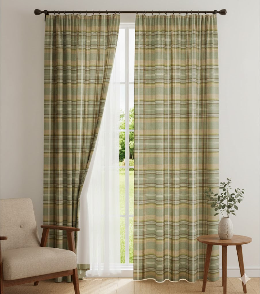 Sage Green & Taupe Plaid Blackout Curtains - Classic Woven Check Design