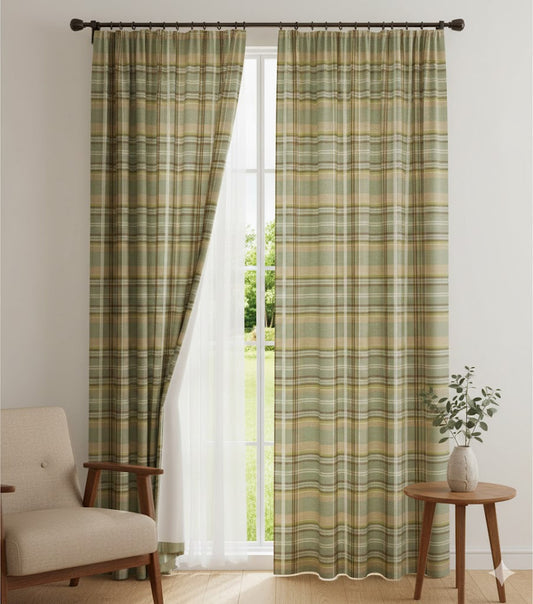 Sage Green & Taupe Plaid Blackout Curtains - Classic Woven Check Design